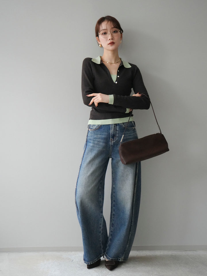 [予約]レイヤード配色ポロニットトップス/darkbrown