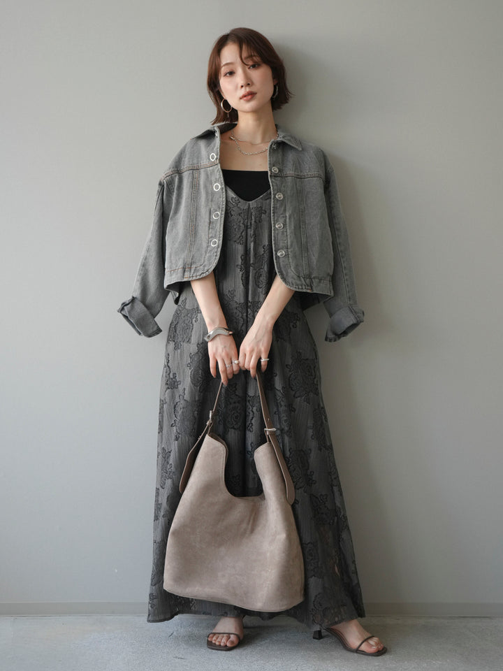 【預購】花朵蕾絲吊帶洋裝 / 灰色