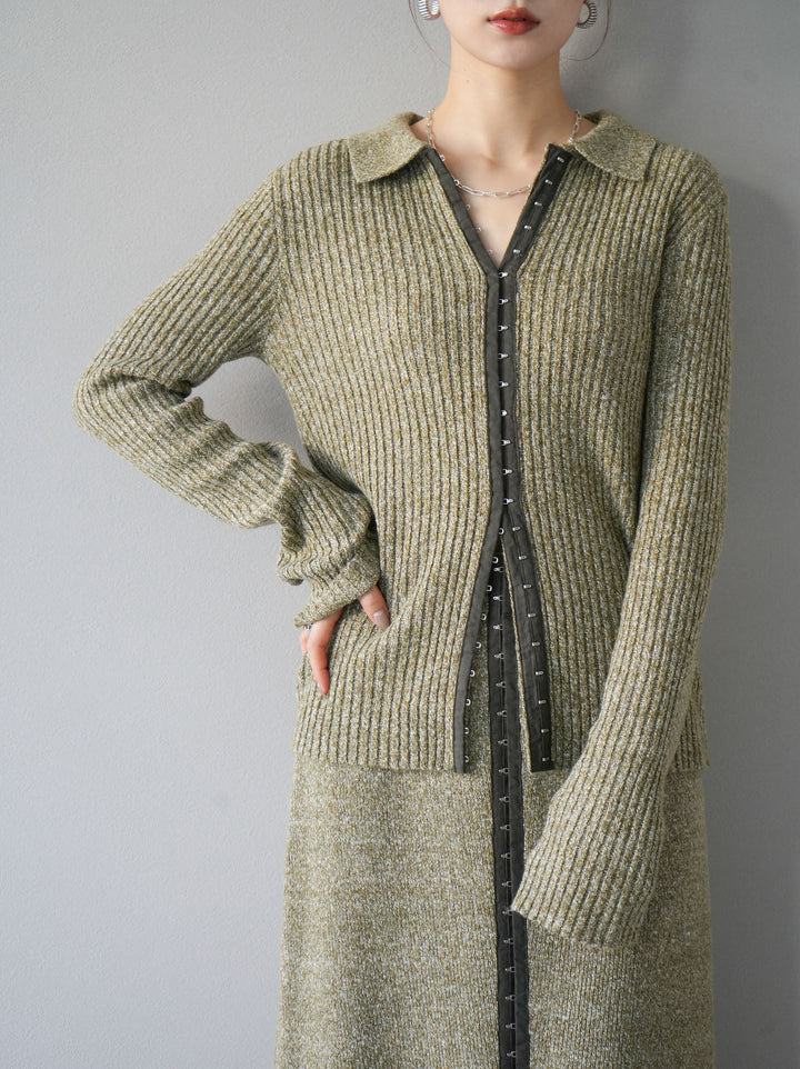 [予約]ホックディティール襟付きニットカーディガン/グリーン