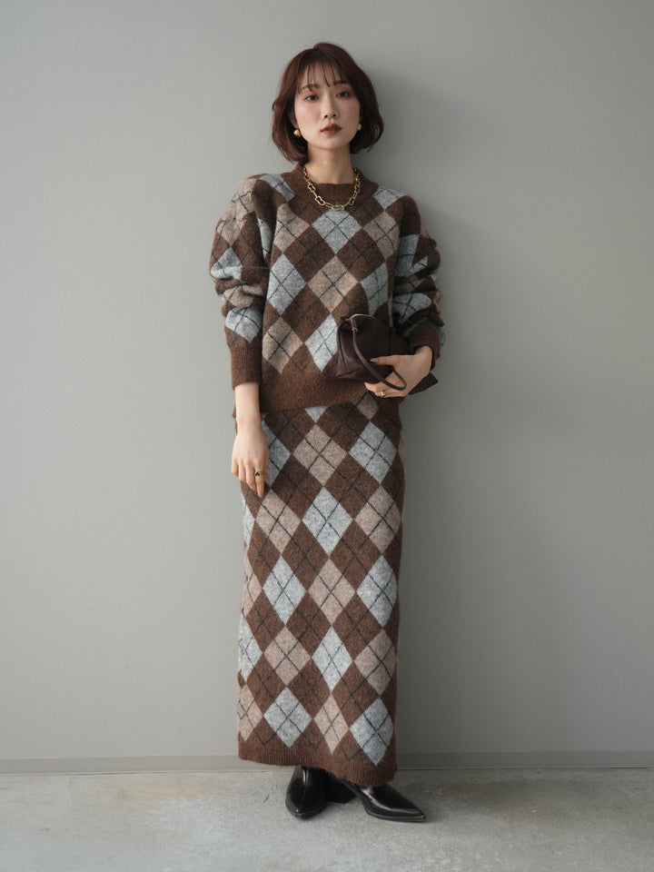 [SET]アーガイルニットプルオーバー&ロングスカートSET UP+選べるアクセセット(2set)