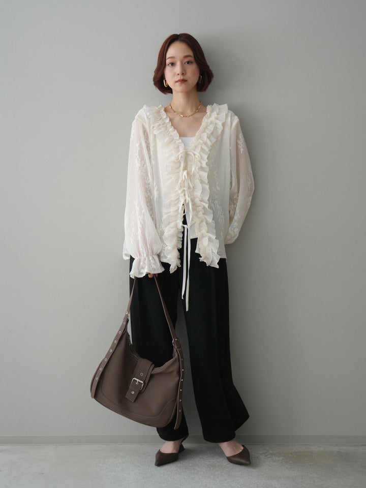 [SET]楊柳ラッフルフリルカーディガン+2WAYデザインスウェットパンツ(2set)