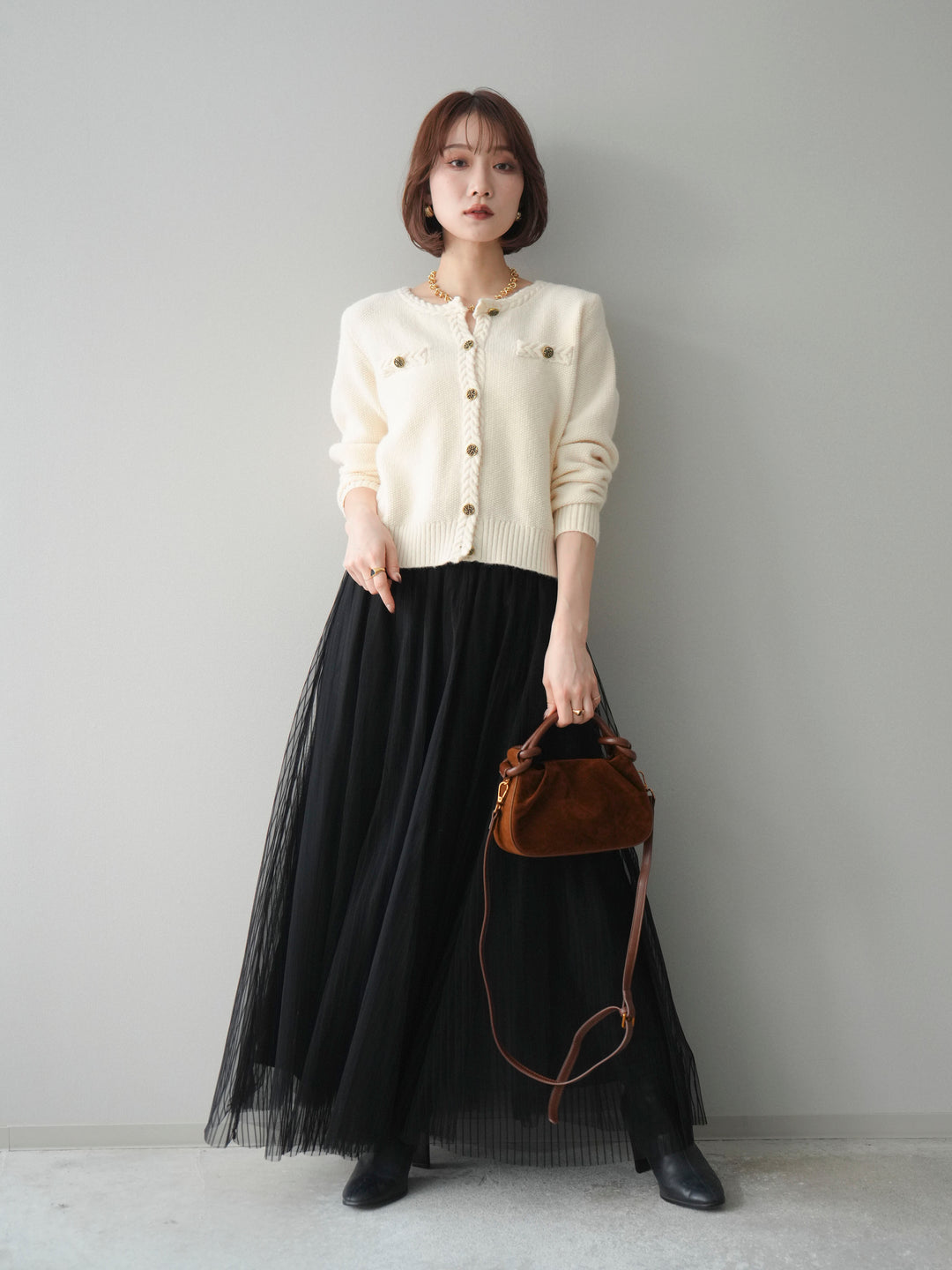 [SET]編みこみアンティークボタンニットカーディガン+チュールストライプボリュームスカート(2set)
