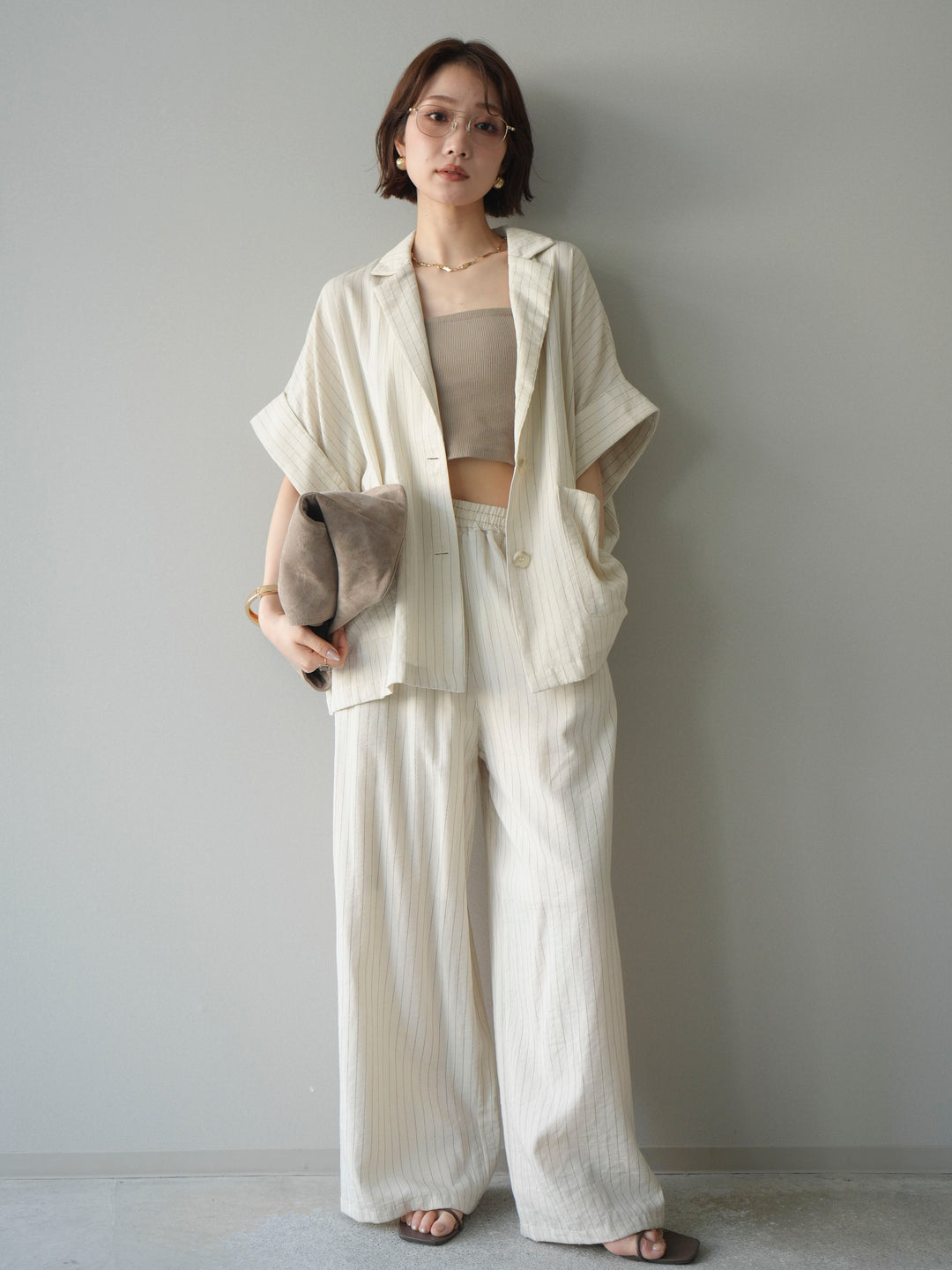 [SET]ストライプハーフスリーブオーバージャケット+ストライプリラックスワイドパンツ(2set)