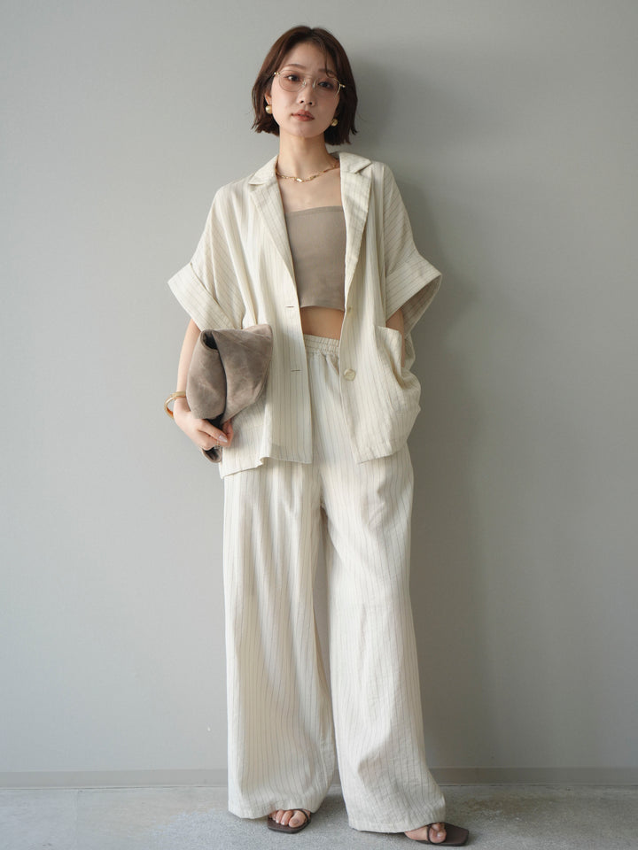 [SET]ストライプハーフスリーブオーバージャケット+ストライプリラックスワイドパンツ(2set)