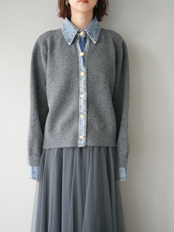 [予約]デニム襟ボタンニットカーディガン/チャコール