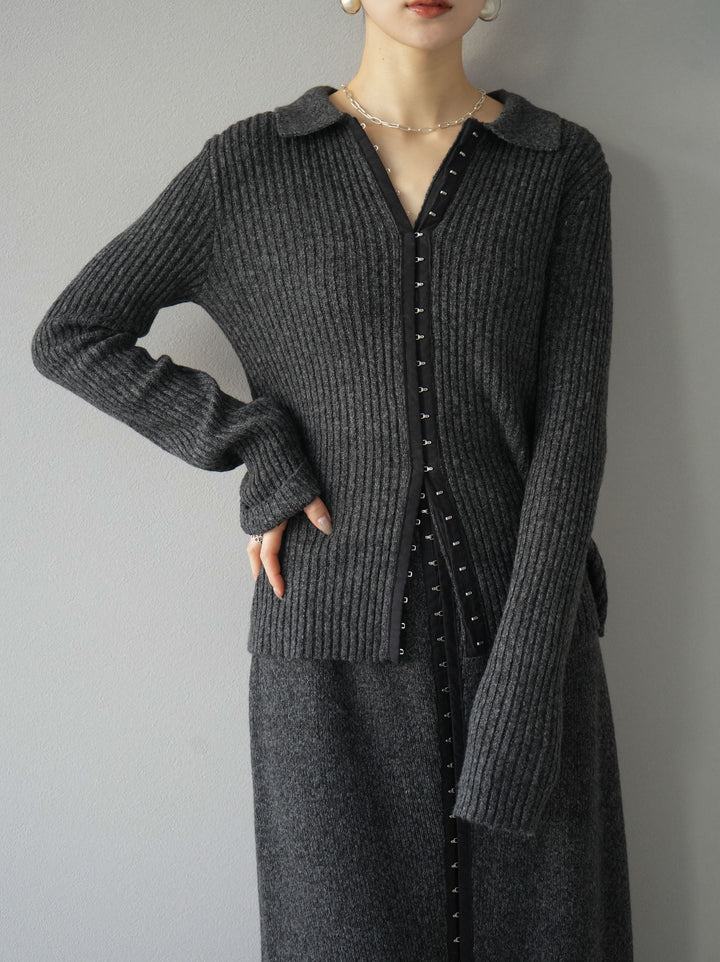 [預訂] 鉤眼細部領口針織開襟衫/炭灰