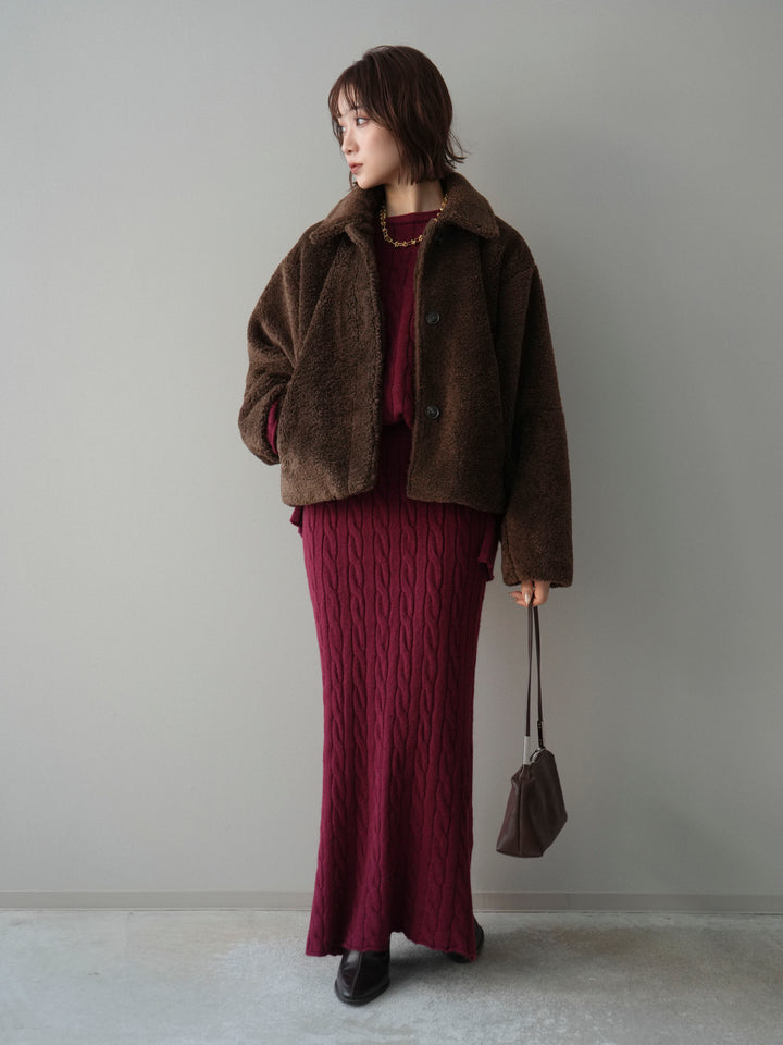 [SET]エコファーステンカラージャケット+ストール付ケーブルニットプルオーバー&ロングスカートSET UP(2set)