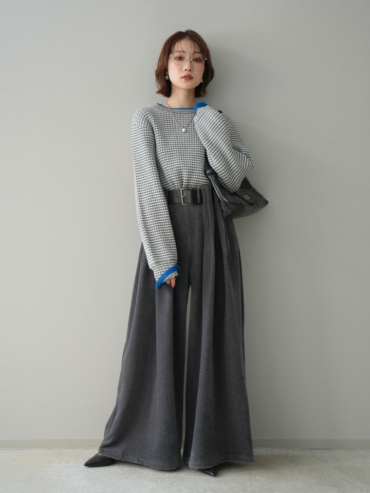 [予約]ラメ異素材ボーダーリブニットプルオーバー/charcoal×blue