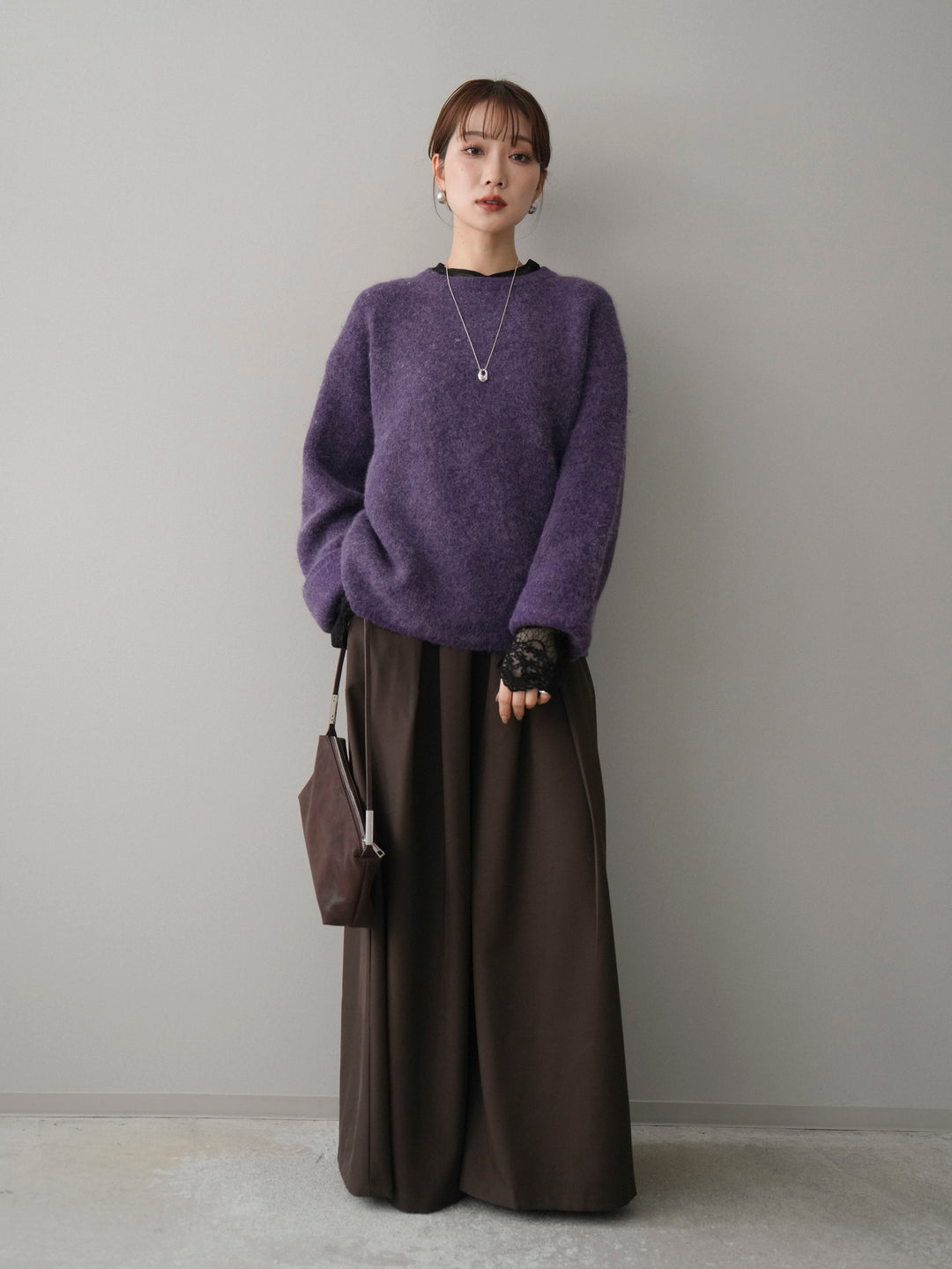 [SET]アンゴラタッチクルーネックニットプルオーバー+テープベルトタックバギーパンツ(2set)