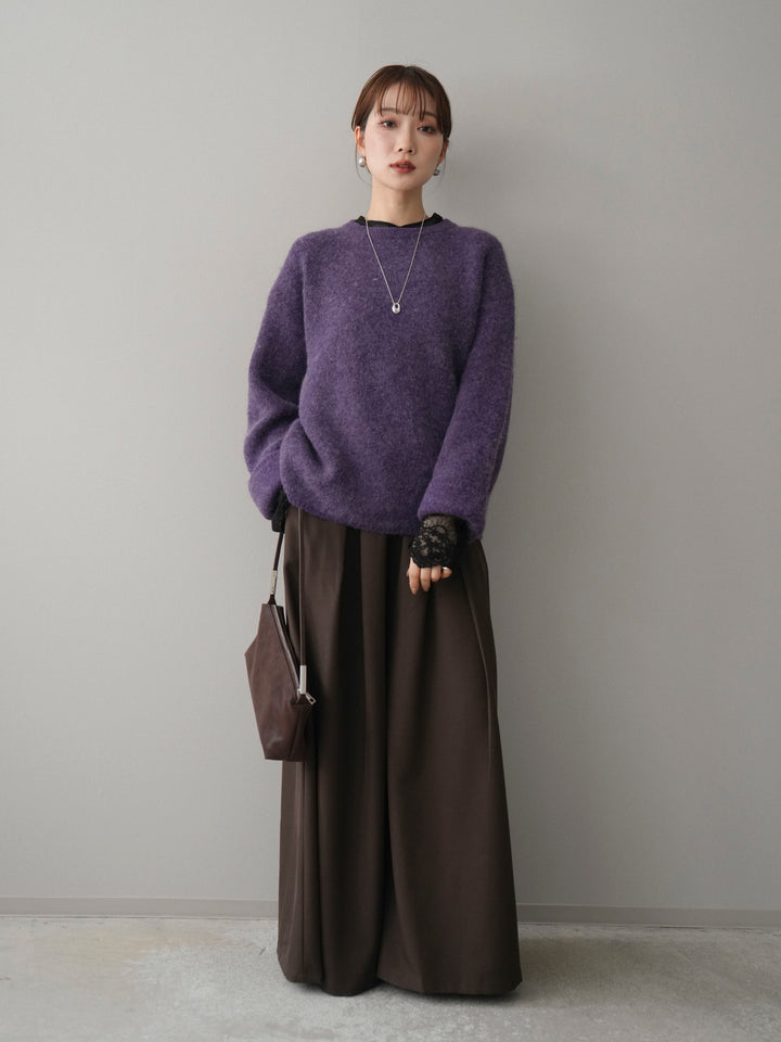 [SET]アンゴラタッチクルーネックニットプルオーバー+テープベルトタックバギーパンツ(2set)