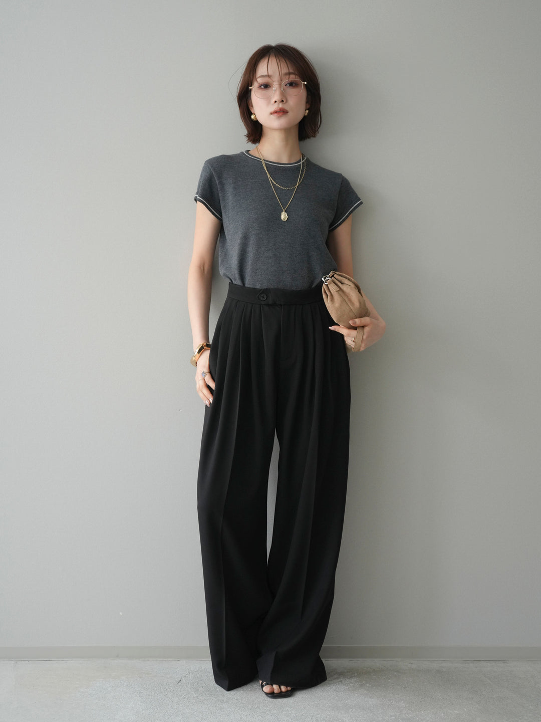[SET]配色ハーフスリーブニットトップス+メニータックワイドパンツ(2set)