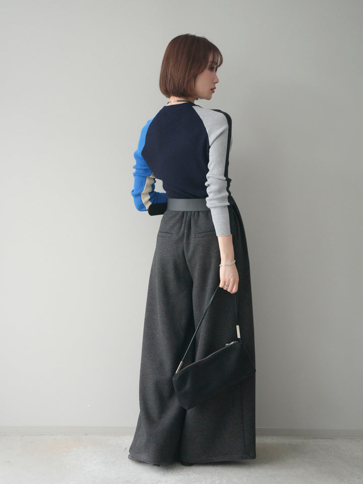 [SET]バイカラーラグランニットトップス+ベルトデザインループウールワイドパンツ(ベルト付)(2set)