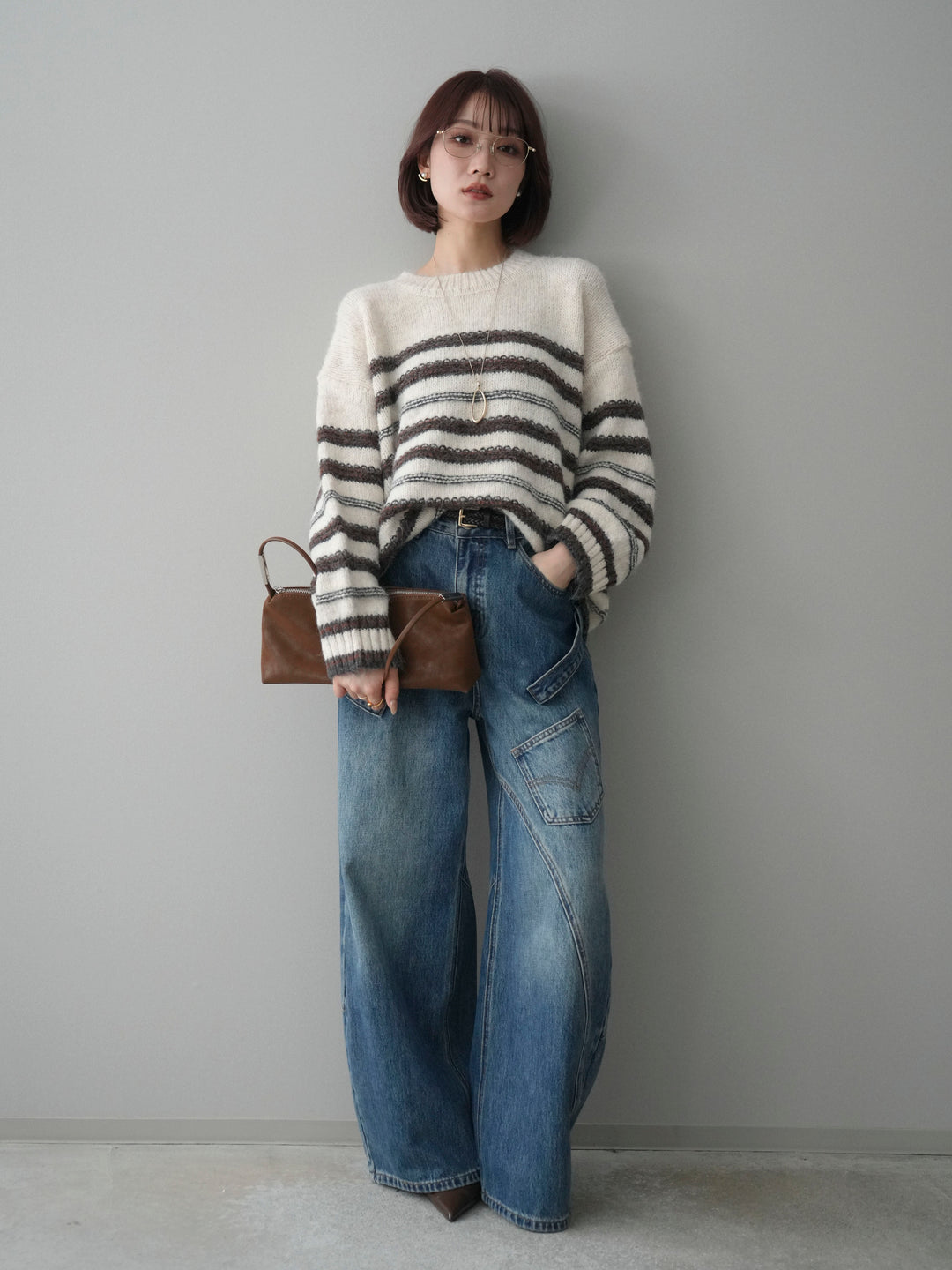 [SET]ステッチボーダーニットプルオーバー+ペインターカーブデニムパンツ(2set)