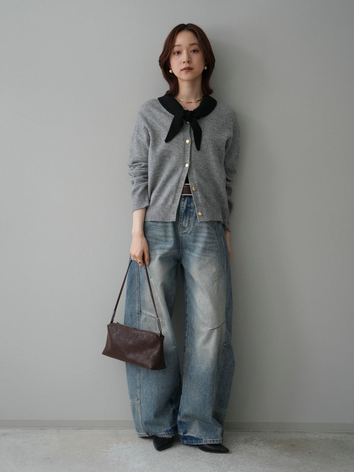 [SET]デザイン襟ニットカーディガン+ベルト付カーブデニムパンツ(2set)