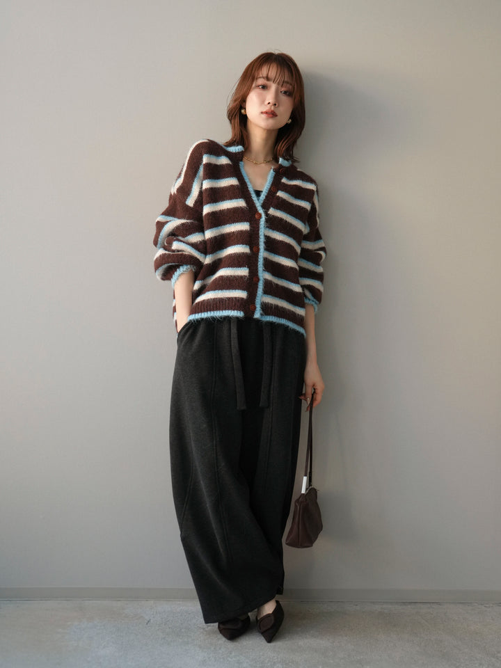 [SET]ウールタッチ配色ボーダーニットカーディガン+ウエストベルトカーブラインスエットパンツ(2set)