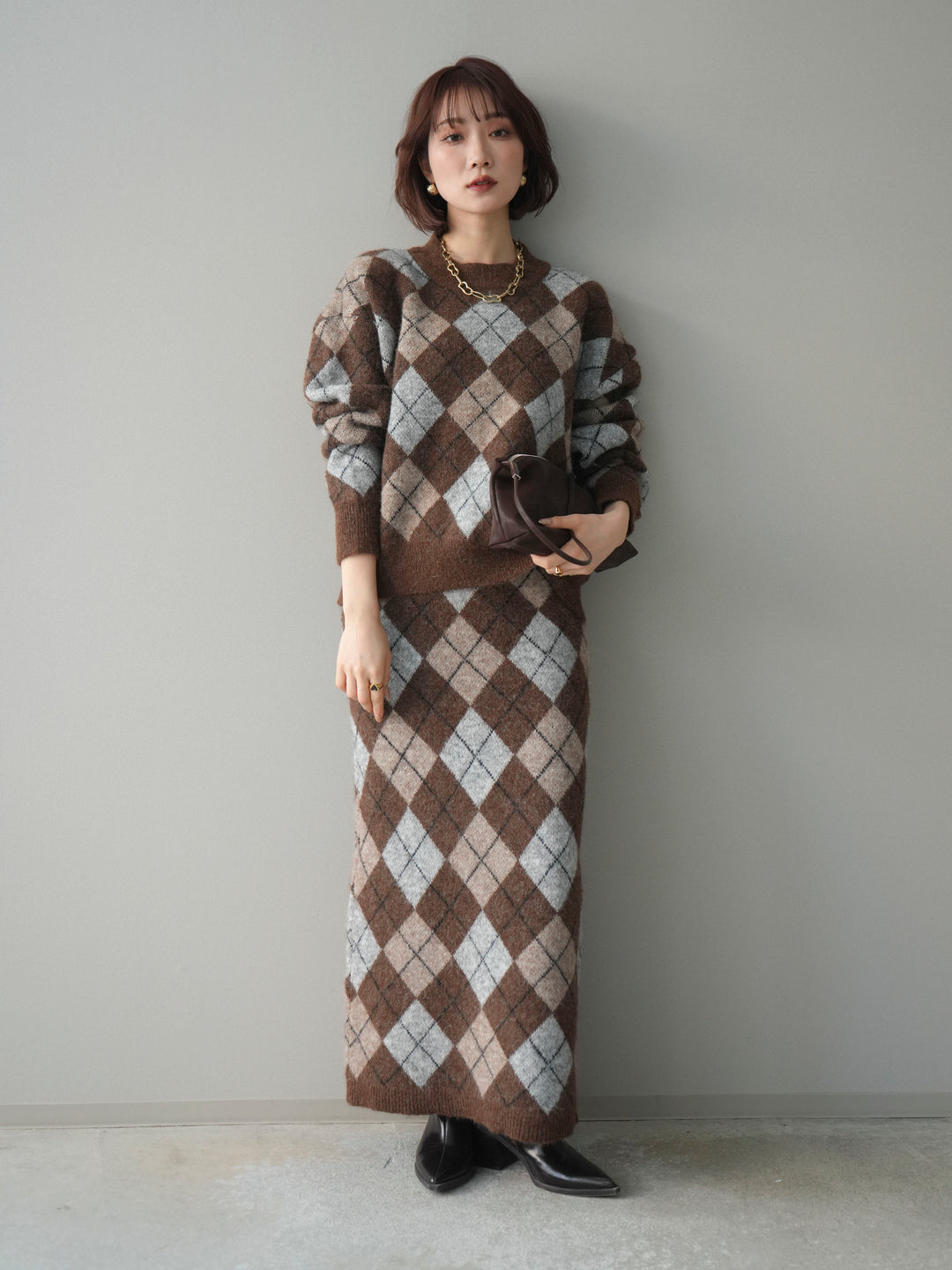 [SET]アーガイルニットプルオーバー&ロングスカートSET UP(2set)