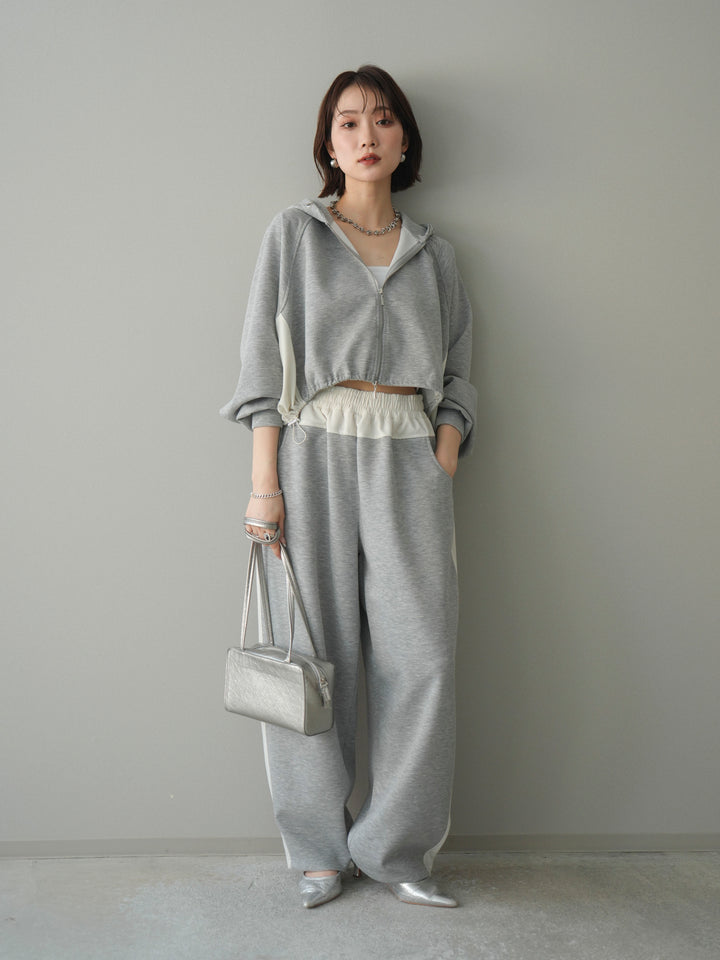 [予約]バイカラー異素材ライトポンチクロップドZIPフーディー/gray