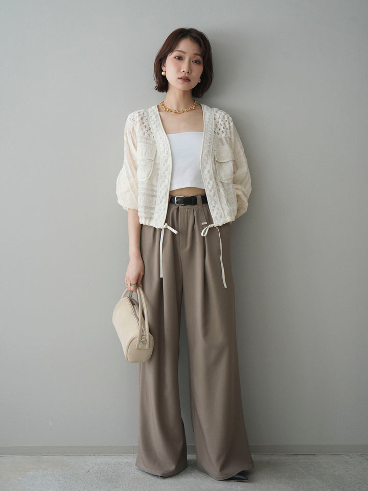 [SET]パッチワークシアーフリルブルゾン+カップ付テレコリブベアキャミソール+ベルト付キーホルダーモチーフワイドパンツ(3set)