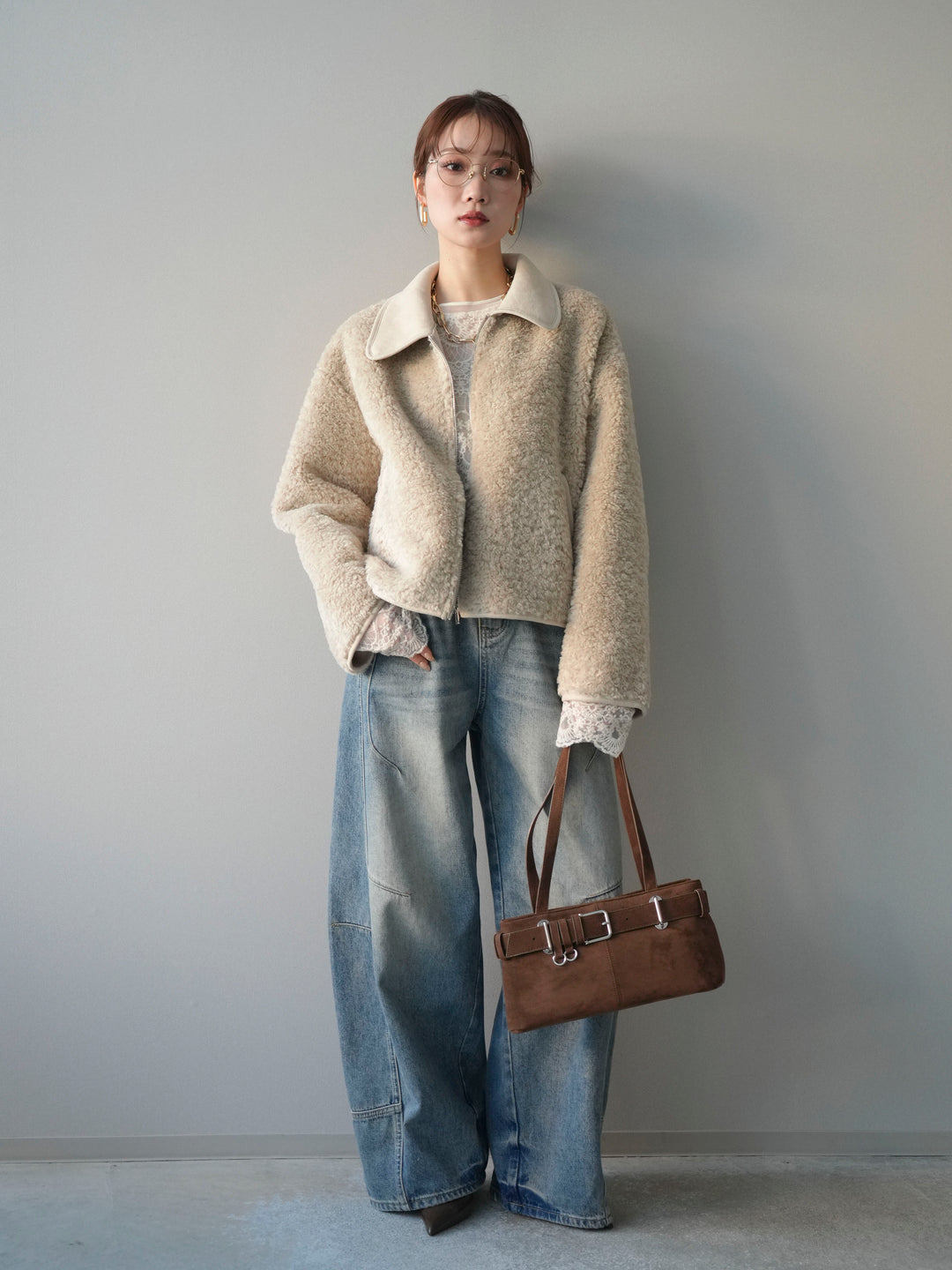 [予約]スエード襟ボアショートジャケット/beige