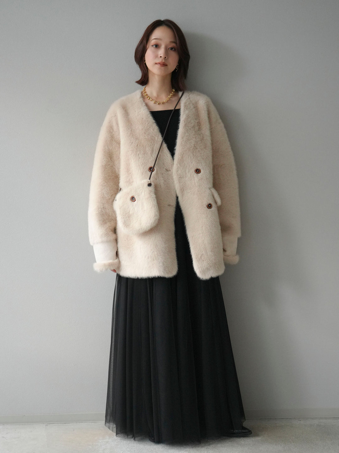 [SET]バッグ付エコファーノーカラーコート+チュールボリュームスカート(2set)