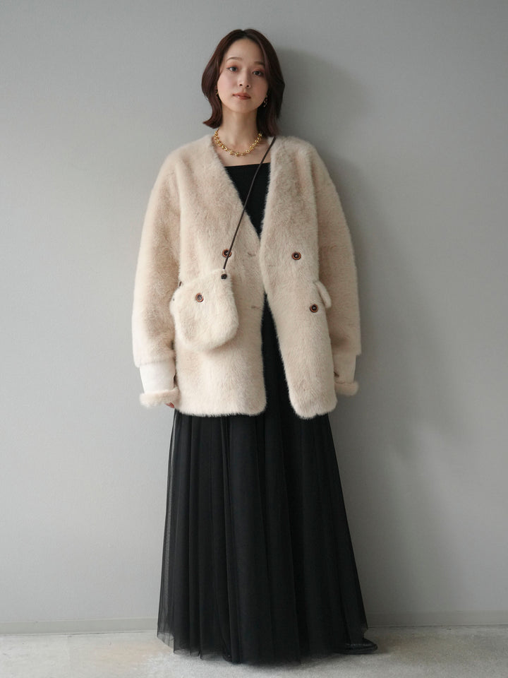 [SET]バッグ付エコファーノーカラーコート+チュールボリュームスカート(2set)