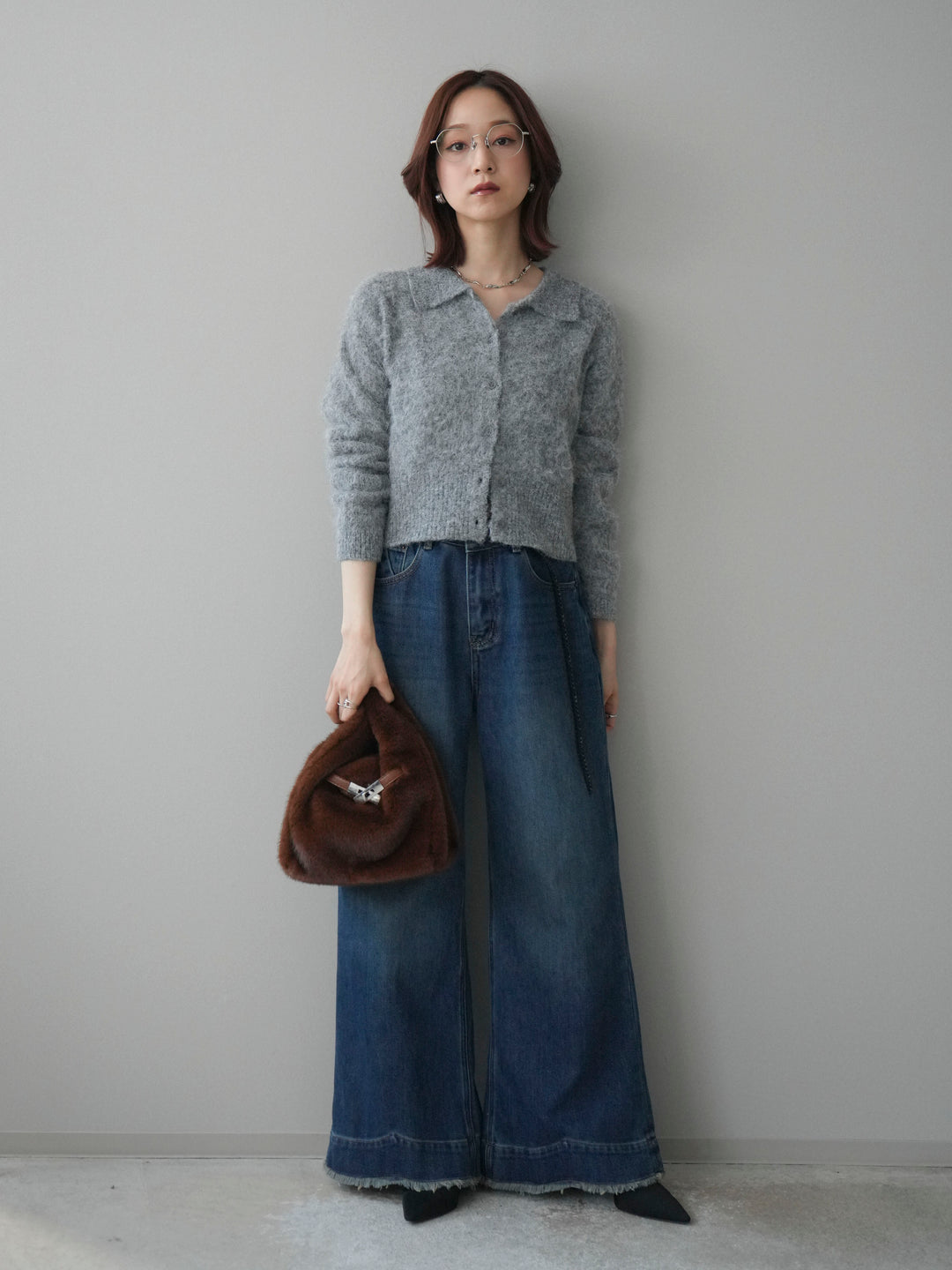 [SET]モヘア衿付きボタンプルオーバー+裏起毛裾フリンジワイドデニムパンツ(2set)