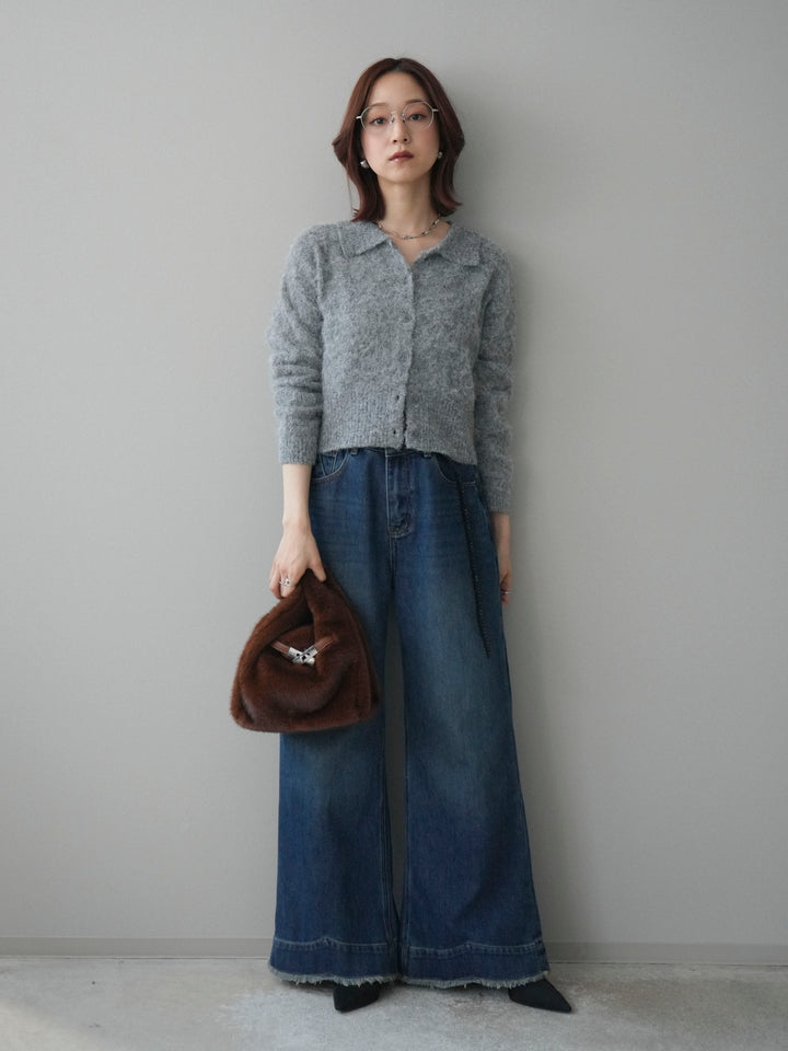 [SET]モヘア衿付きボタンプルオーバー+裏起毛裾フリンジワイドデニムパンツ(2set)