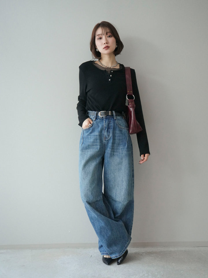 [予約]チュールレイヤードヘンリーネックカットソー/black