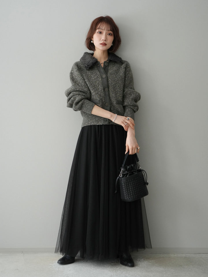 [SET]襟ボアミックスヤーンニットカーディガン+チュールボリュームスカート(2set)