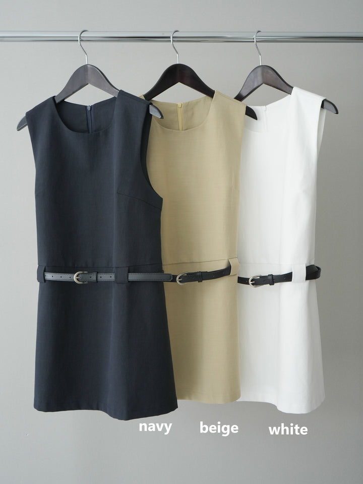 [SET]ベルト付リネンライクノースリチュニック+ラメプリーツレイヤードチュールロングスカート(2set)