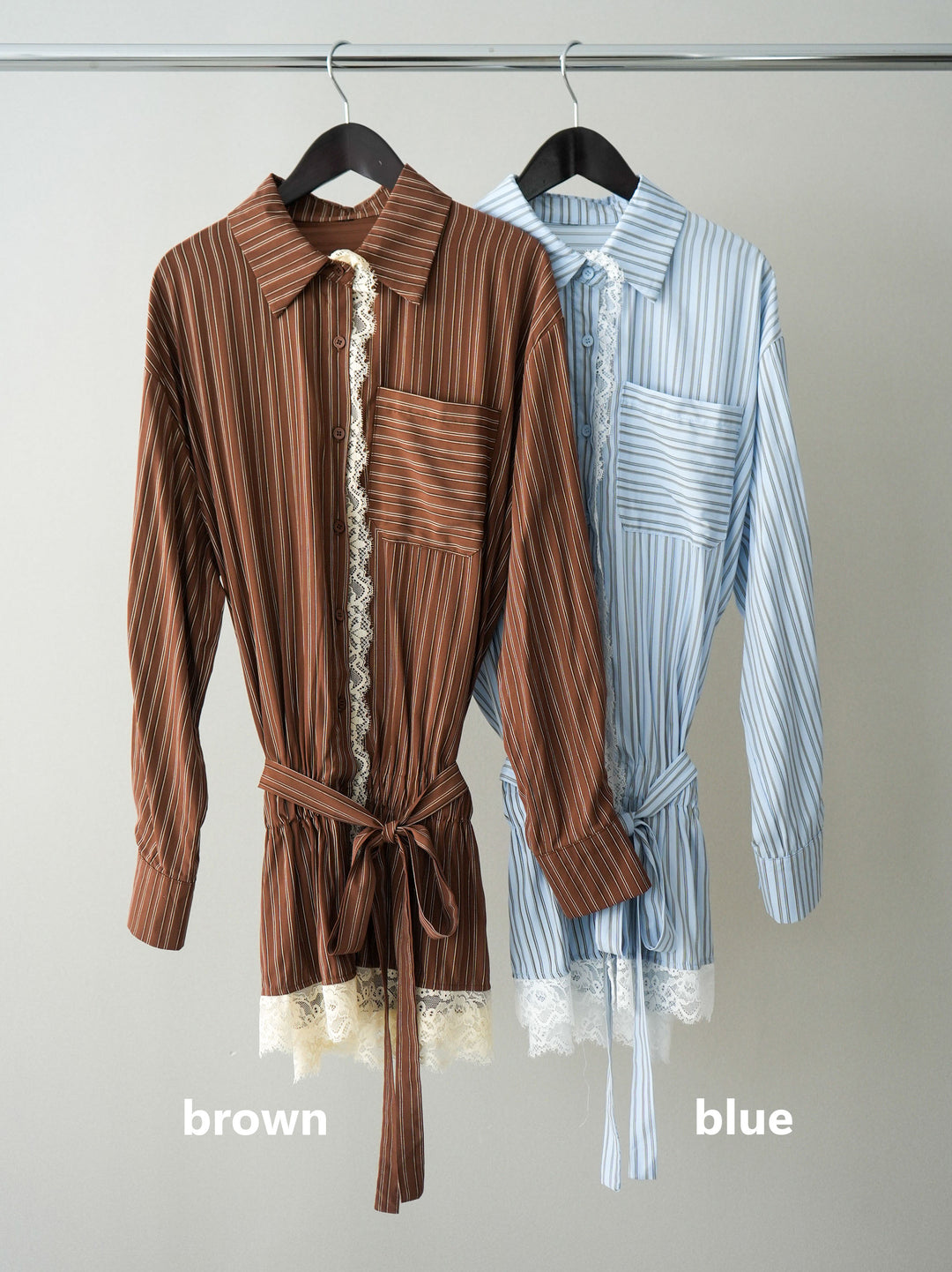 [SET]レース付ストライプウエストギャザーシャツ+フリンジデザインセミフレアデニム(2set)