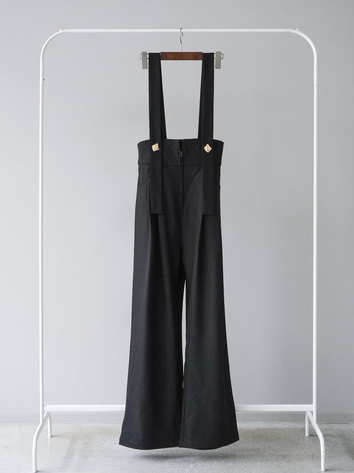 [SET]袖配色ハイネックボーダーリブニットトップス+ゴールドボタンサスペンダーワイドパンツ(2set)