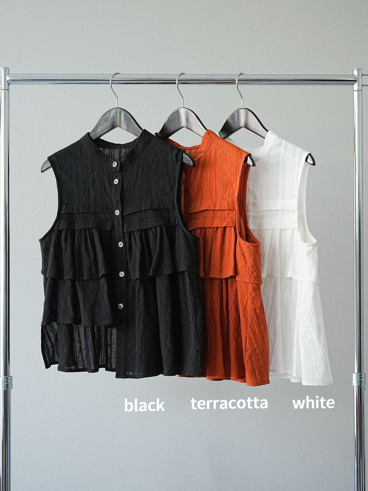 [SET]ドビーストライプアシンメトリーフリルノースリブラウス+コード刺繍チュールレイヤードパンツ(2set)