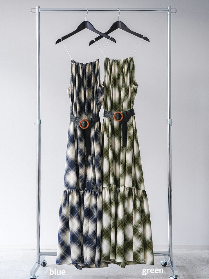 [SET]ベルト付チェックノースリーブワンピース+ビンテージデザインBIGデニムジャケット(2set)