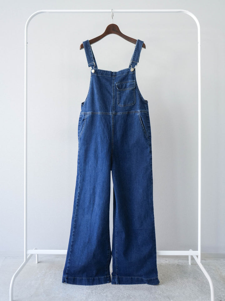 [SET]デザイン編みプチネックノースリニットトップス+ストレッチデニムワイドサロペット(2set)