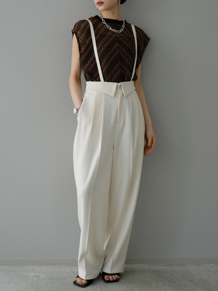 [SET] Crochet sleeveless top + suspender 2WAY design belt wide pants (2set)