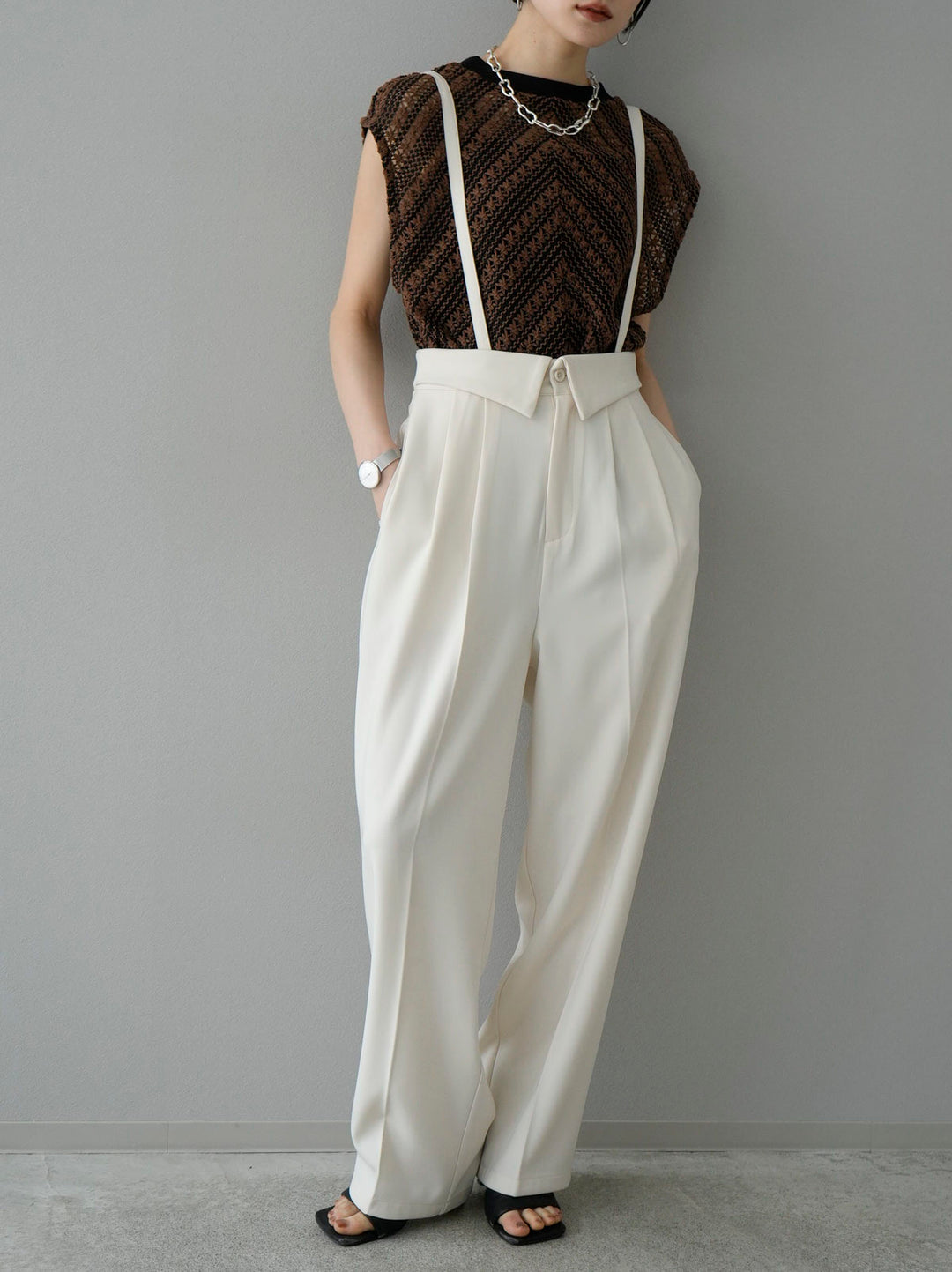 [SET] Crochet sleeveless top + suspender 2WAY design belt wide pants (2set)