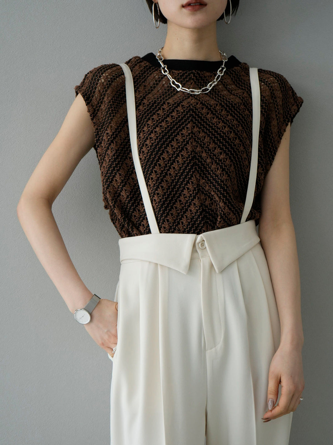 [SET] Crochet sleeveless top + suspender 2WAY design belt wide pants (2set)