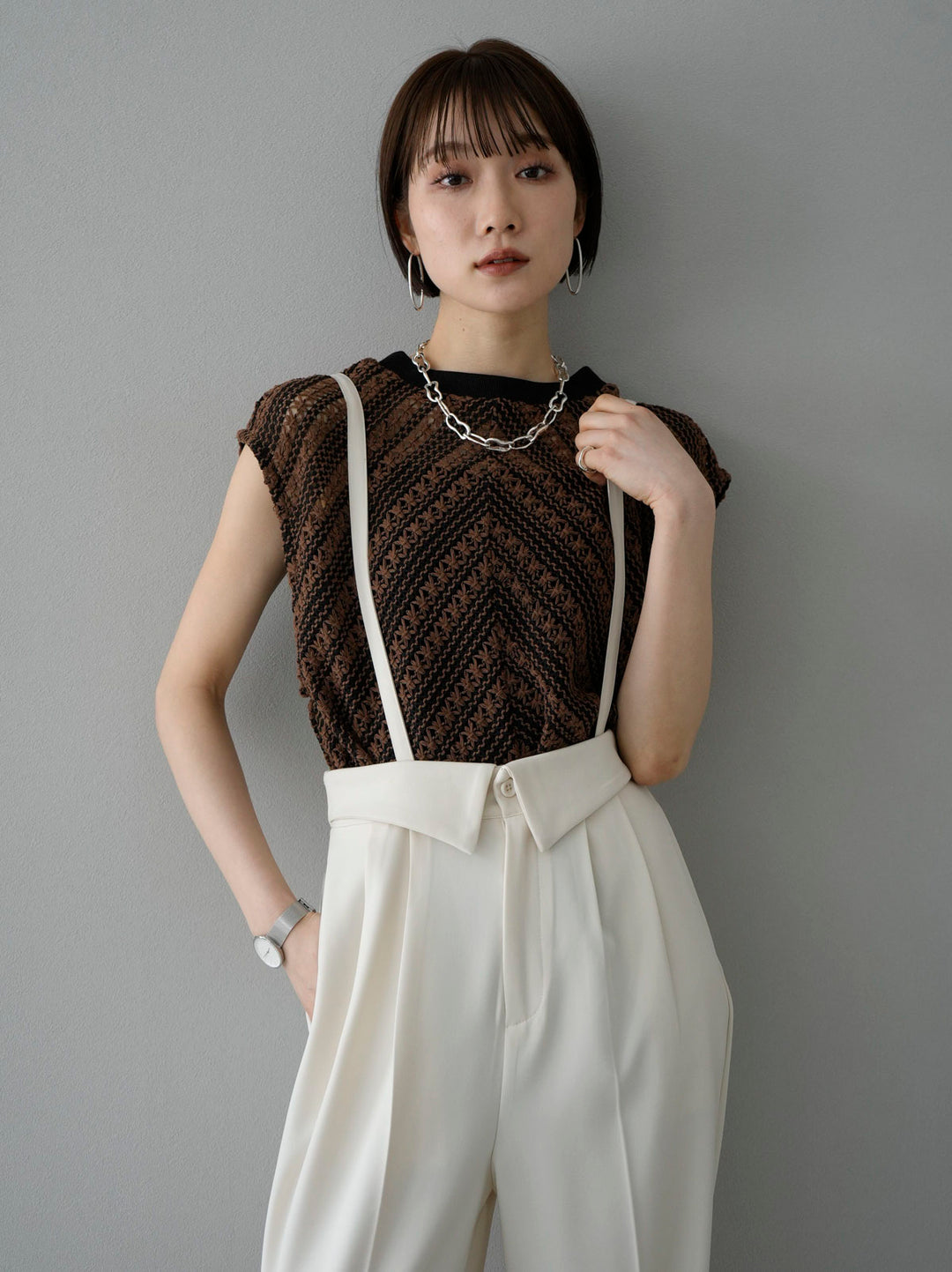 [SET] Crochet sleeveless top + suspender 2WAY design belt wide pants (2set)