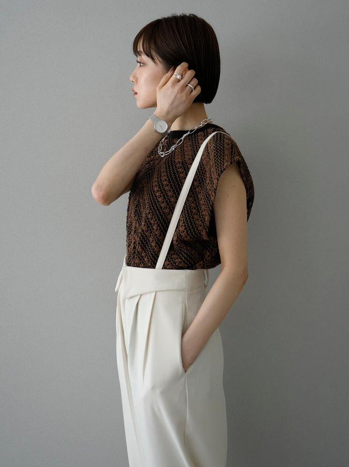 [SET] Crochet sleeveless top + suspender 2WAY design belt wide pants (2set)