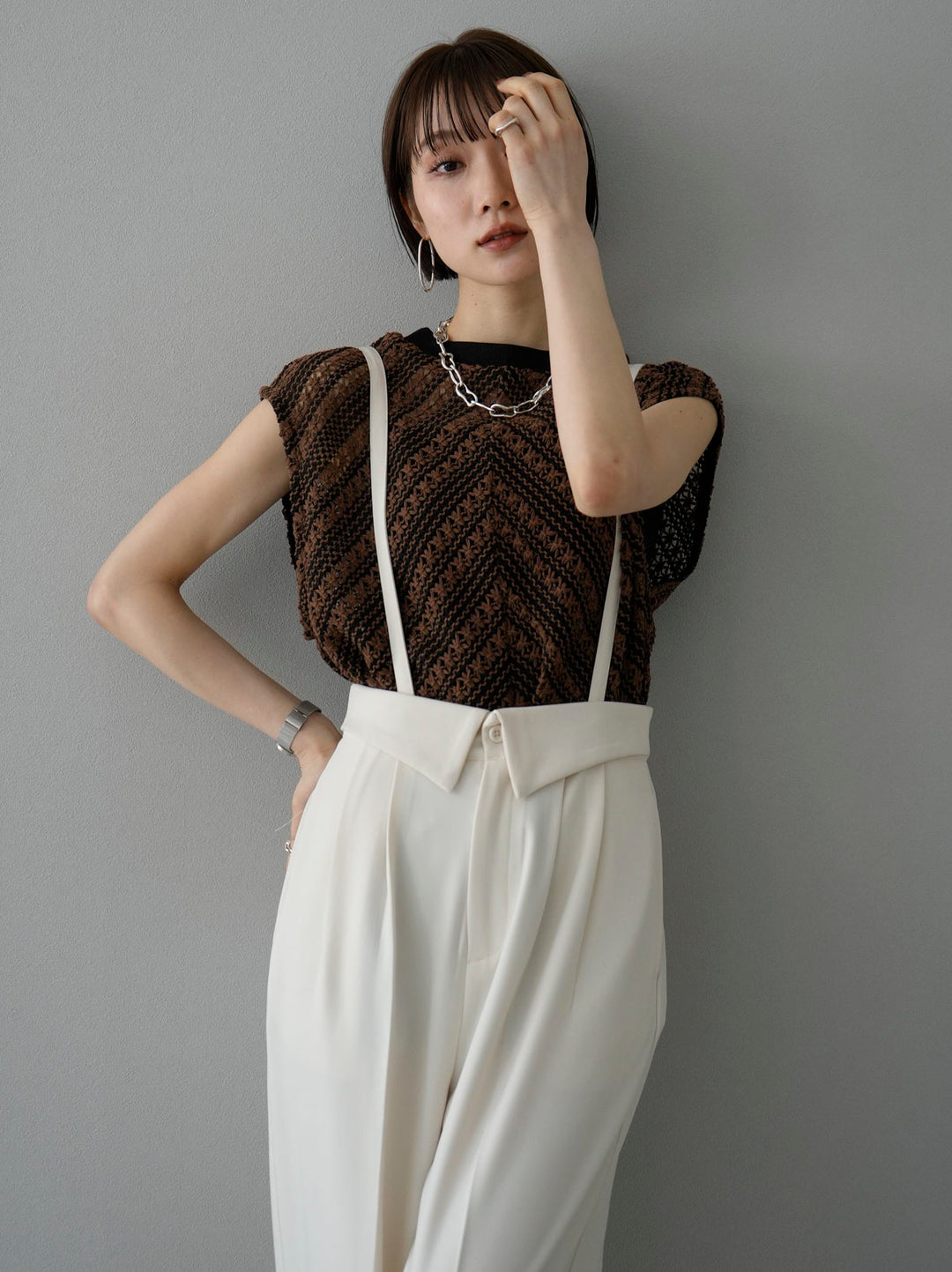 [SET] Crochet sleeveless top + suspender 2WAY design belt wide pants (2set)