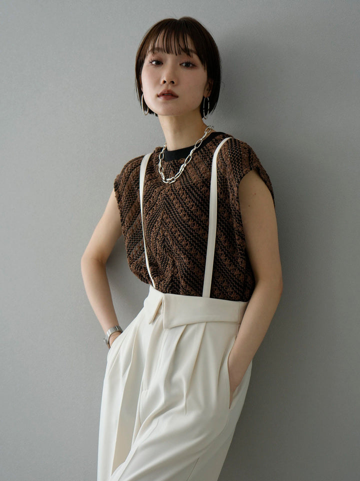 [SET] Crochet sleeveless top + suspender 2WAY design belt wide pants (2set)