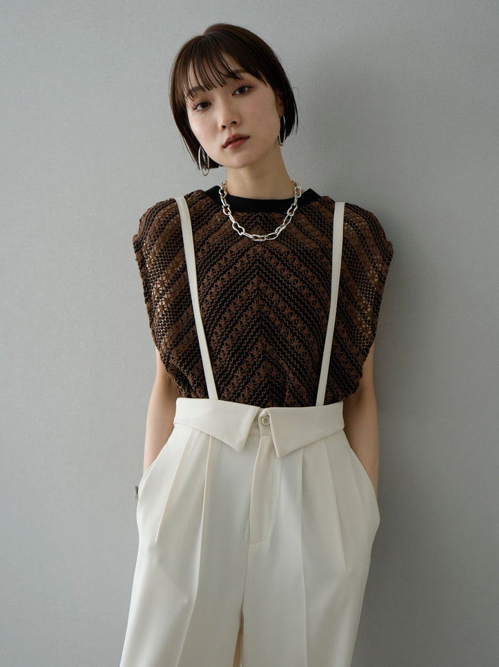 [SET] Crochet sleeveless top + suspender 2WAY design belt wide pants (2set)