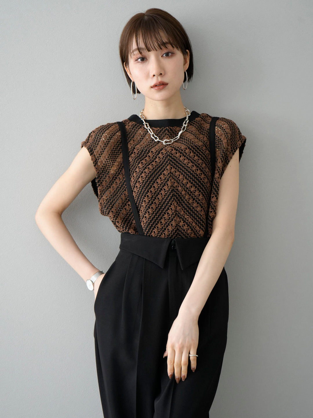 [SET] Crochet sleeveless top + suspender 2WAY design belt wide pants (2set)