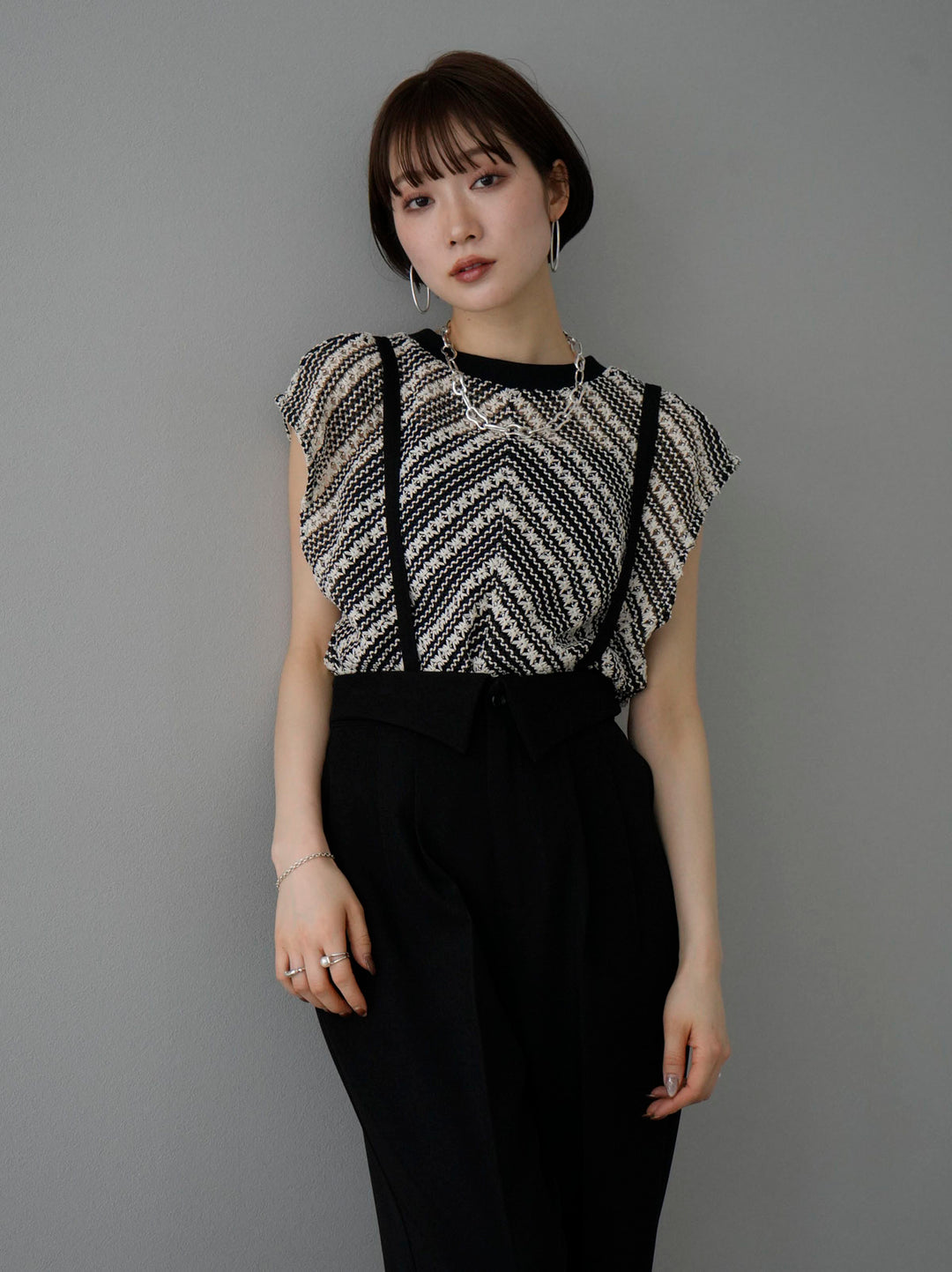 [SET] Crochet sleeveless top + suspender 2WAY design belt wide pants (2set)