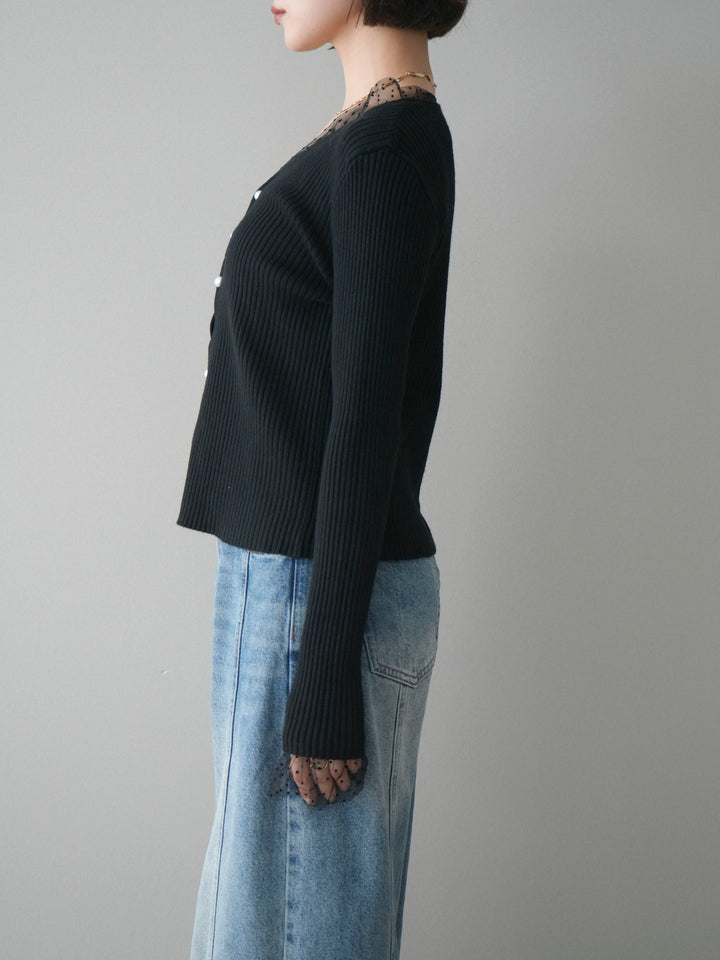 [予約]チュールドッキングパールボタンニットカーディガン/black