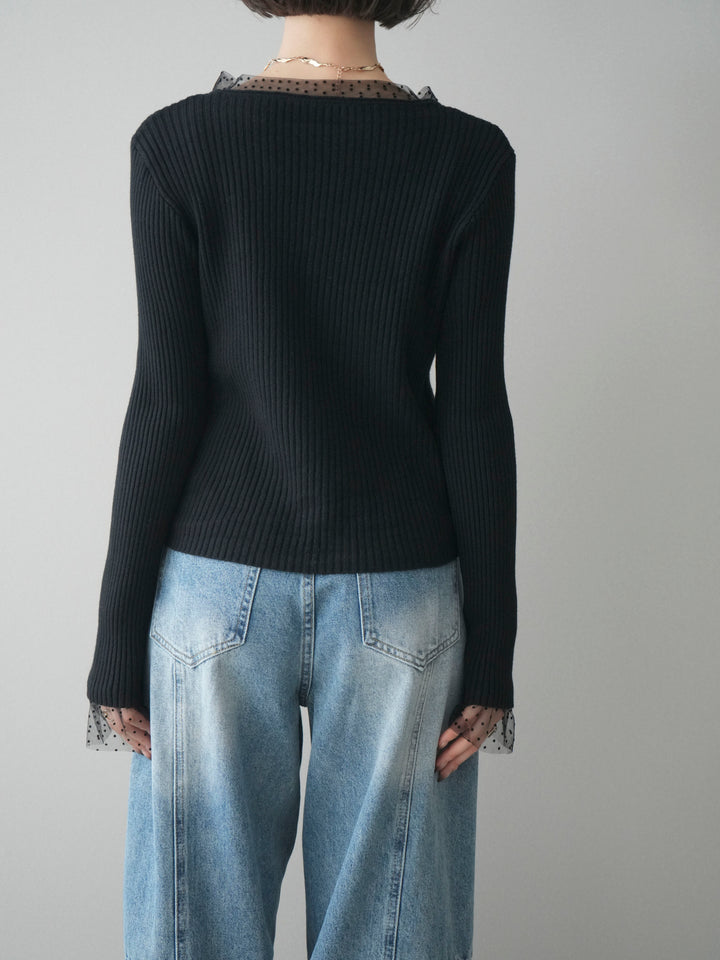 [予約]チュールドッキングパールボタンニットカーディガン/black