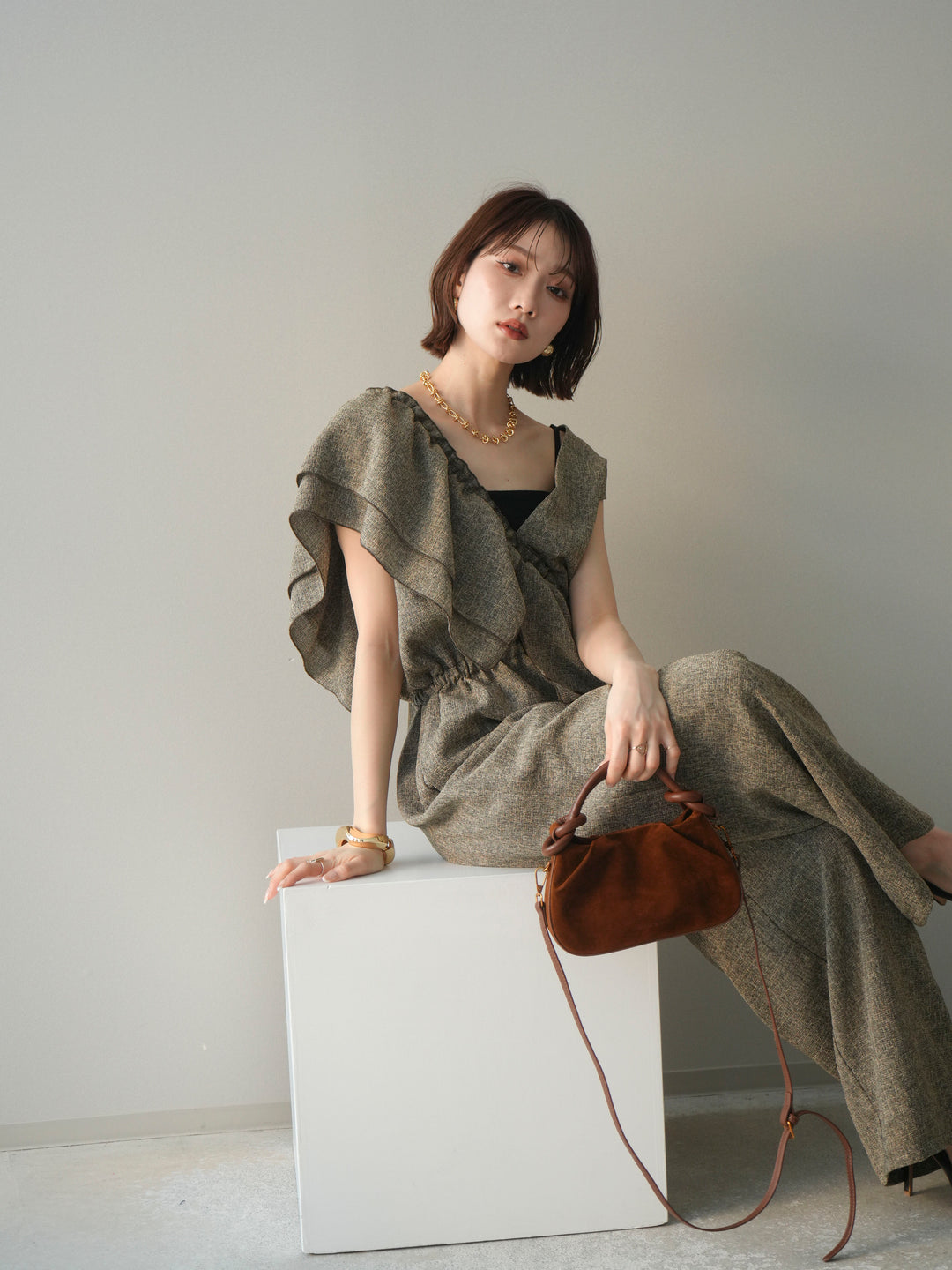 [SET]3WAYミックスツイードギャザーオールインワン+選べるアクセセット(2set)