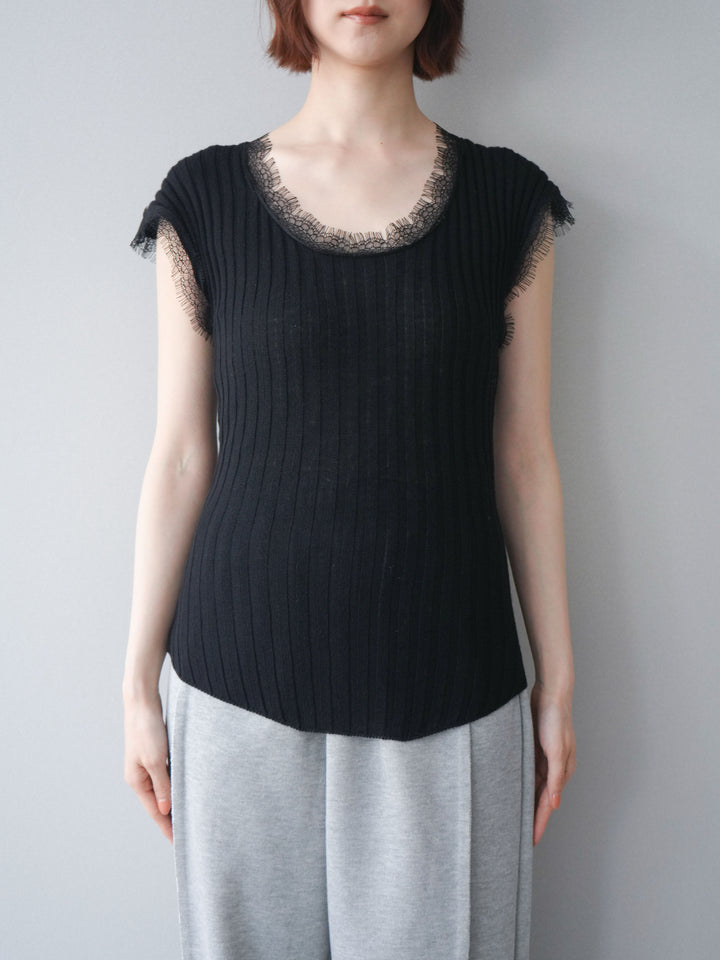 [予約]レーストリムリブニットトップス/black