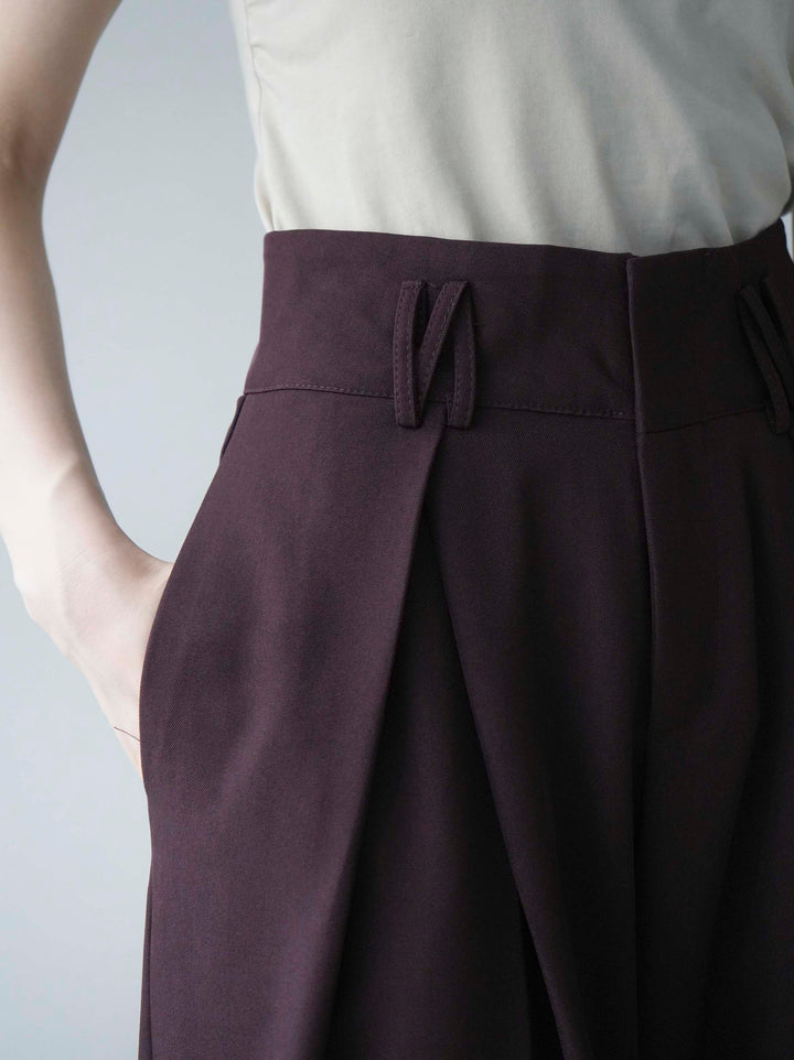 【預訂】皮帶設計收腰寬褲/波爾多紅